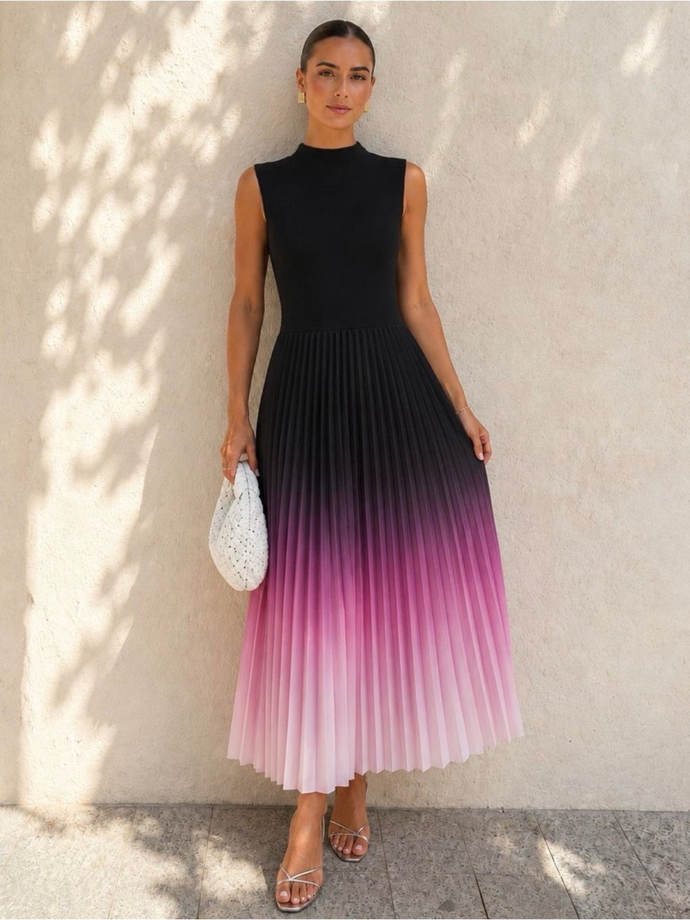 Commense Sleeveless Pleated Ombre Midi Dress in Black to Pink, Large